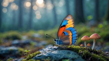 Resting Butterfly on Mossy Rock with Mushrooms in Forest photo