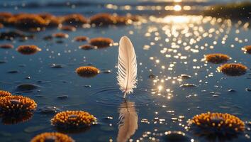 Feather Stands in Water with Reflections and Sunlit Background photo