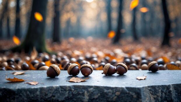 Acorns on Stone Slab with Autumn Leaves Falling in Forest photo