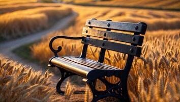 Bench Sitting in Golden Wheat Field at Sunset Near Path photo