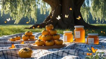 Arrangement of Persimmons and Honey Jars on Plaid Blanket in Meadow photo