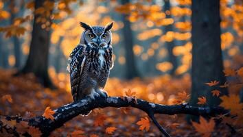 Owl Perched on Branch in Autumn Forest with Falling Leaves photo
