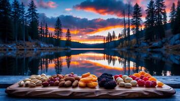 Assorted Nuts and Dried Fruits on Board with Lake Sunset View photo