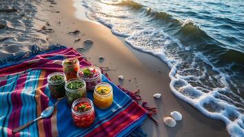 Colorful Beach Picnic with Jars of Food and Ocean Waves photo