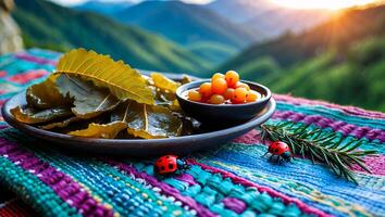 Leaves and Fruit Picnic at Mountain Overlook with Ladybugs photo
