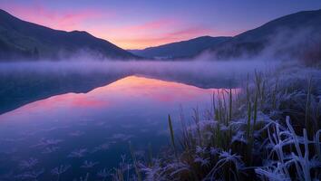 Tranquil Lake at Dawn with Fog and Frosty Grass Reflection photo