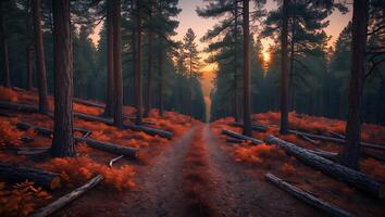 Forest Trail at Sunset Surrounded by Colorful Undergrowth and Fallen Logs photo