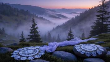 Lace and Foggy Mountain Scenery with Pastel Sky Background Landscape photo
