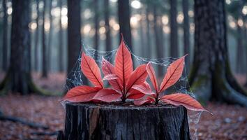 Red Leaves Growing on Tree Stump with Cobweb in Forest photo