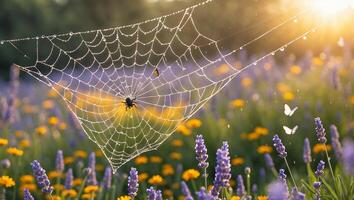 Spider Web Covered with Dew Drops in Flower Meadow at Sunrise photo