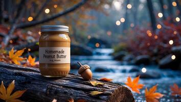Homemade Peanut Butter Jar on Wood Log by Stream in Autumn photo