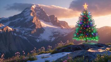 Decorated Christmas Tree on Mountain Peak at Sunset with Snow photo