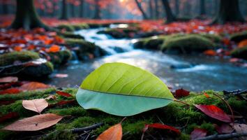 Bright Leaf on Mossy Ground by Forest Stream in Autumn photo
