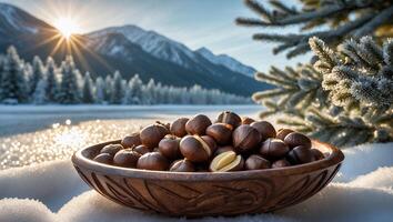 Bowl of Macadamia Nuts in Snowy Winter Landscape at Sunrise photo