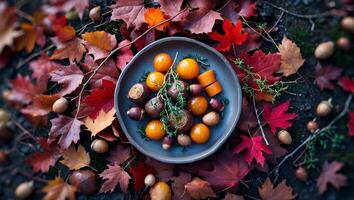Autumn Harvest Plate Surrounded by Colorful Fall Leaves and Acorns photo