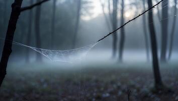 Spiderweb with Dew Hanging in Forest with Mist and Fog photo