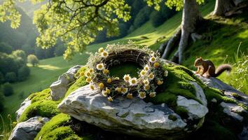 Daisy Wreath on Mossy Stone with Squirrel in Green Landscape photo