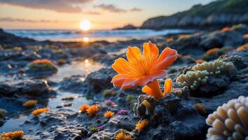 Vibrant Orange Flower Blooms on Rocky Shoreline at Sunset with Seascape photo