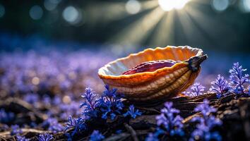 Gourd Bowl Filled with Jam Amongst Purple Flowers with Sun Flare photo