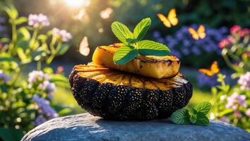 Grilled Pineapple with Mint Garnish on Stone in Sunny Garden photo