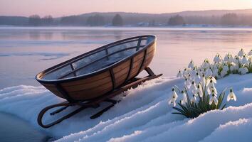 Wooden Sled on Snowy Shore with Flowers and Frozen Lake photo