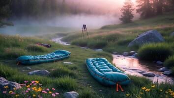 Camping with River and Raft in Serene Meadow at Sunrise photo