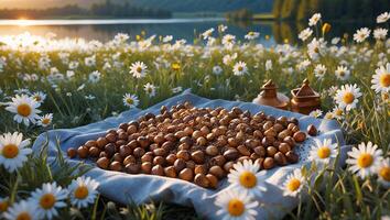 Hazelnuts and Buckwheat on Cloth in Daisy Field at Sunset photo