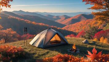 Camping Tent at Sunset with Autumn Foliage and Mountain Views photo