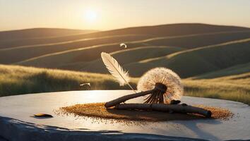 Dandelion Seed Head and Feather on Stone Surface with Hilly Background photo