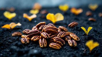 Pecan Halves Pile with Autumn Leaves on Dark Ground photo