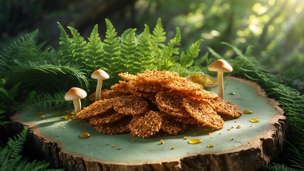 Crispy Cookies with Mushrooms in Forest Setting on Wooden Slab photo