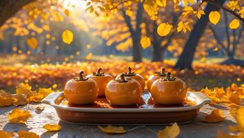 Serving Ripe Persimmons on Tray with Autumn Foliage Background photo