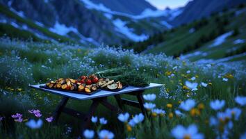 Grilled Food Display on Table in Mountain Meadow Setting photo
