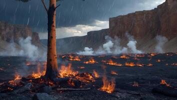 Tree Surviving Wildfire During Rainfall in Mountainous Landscape photo