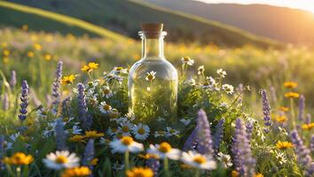 Clear Glass Bottle in Meadow Filled with Colorful Wildflowers photo