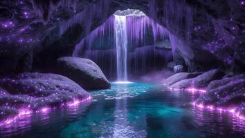 Waterfall Flowing Into Pool Inside a Mysterious Glowing Purple Cave photo
