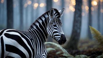 Zebra Standing in a Forest with Soft Bokeh Background Lighting photo