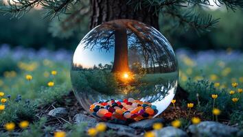 Capturing Nature's Reflection Crystal Ball Displayed Among Wild Flowers photo