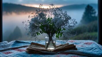 Floral Arrangement on Quilt with Foggy Mountain Sunrise in Background photo