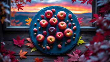 Apples and Nuts on Slate with Autumn Leaves and Sunset View photo