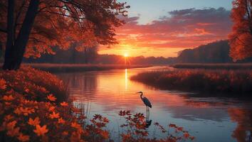 Heron Standing in River at Autumn Sunset Reflecting Orange Sky photo
