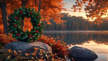 Holly Wreath on Rock by Lake with Autumn Leaves at Sunset photo