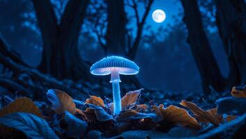 Glowing Mushroom in Forest at Night with Full Moon Overhead photo