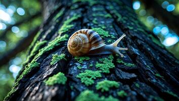 Snail Crawling on Tree Trunk Covered in Moss, Outdoor Nature Scene photo