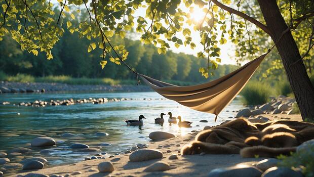 Relaxing by the River Hammock with Ducks and Natural Sunlight photo