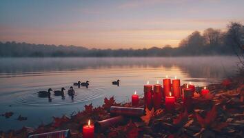 Ducks Swimming on Lake with Candles and Autumn Leaves at Sunset photo