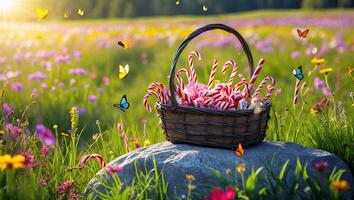 Candy Canes in Basket on Rock in Flower Field with Butterflies photo