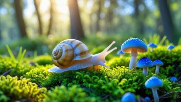 Snail Crawling on Moss with Blue Mushrooms in Forest Sunlight photo
