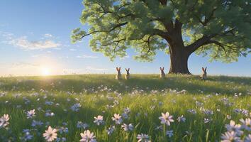 Rabbits Gathering Under a Large Tree in a Sunny Meadow photo