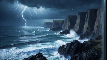 Dramatic Coastal Cliffs and Ocean Waves with Lightning Strike Scene photo